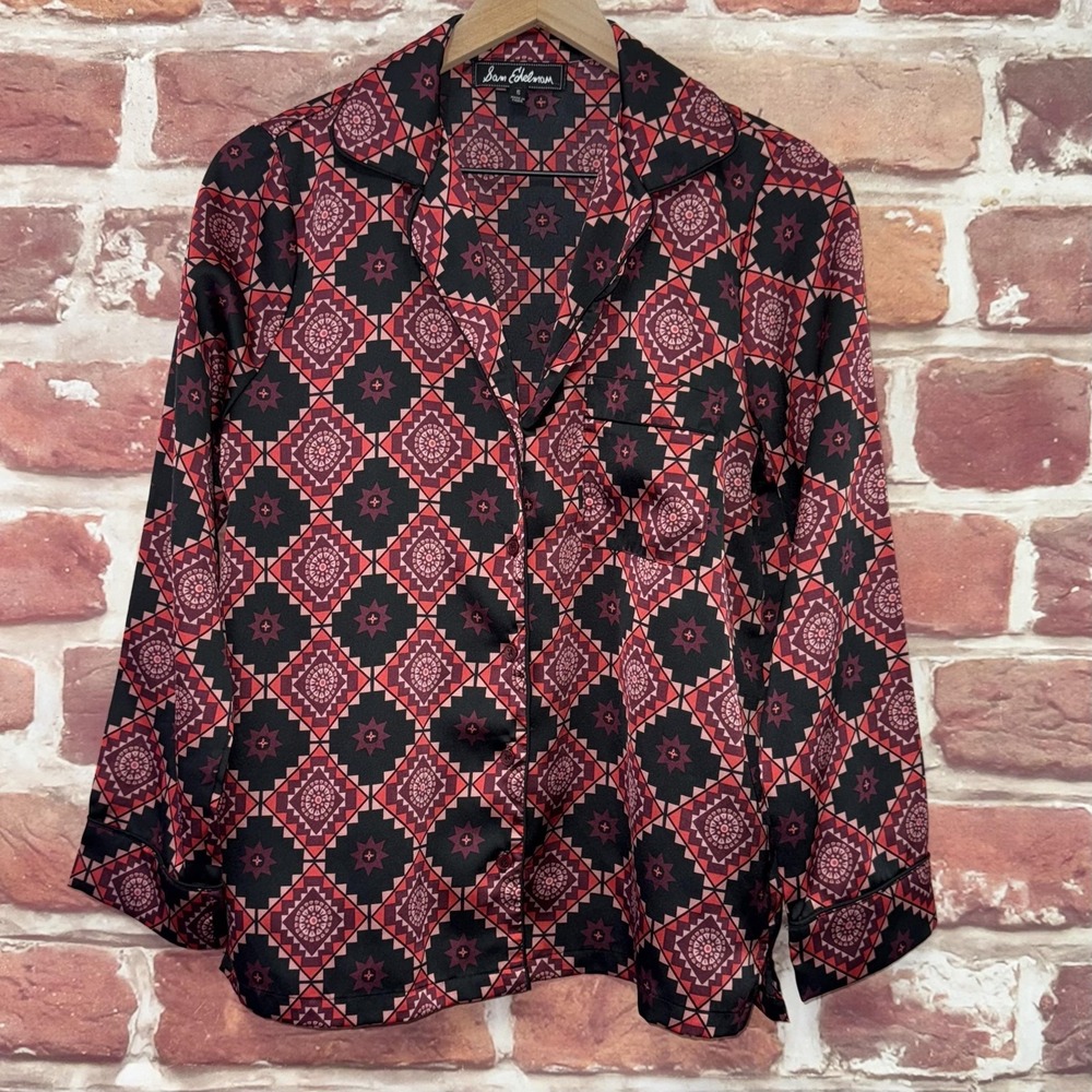 Sam Edelman Top Women's S Multicolor Boho Aztec Satin Pocketed Casual Career
